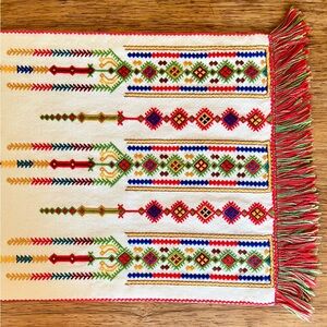 Vintage Greek Hand Embroidered Table Runner Cretan Folk Tex